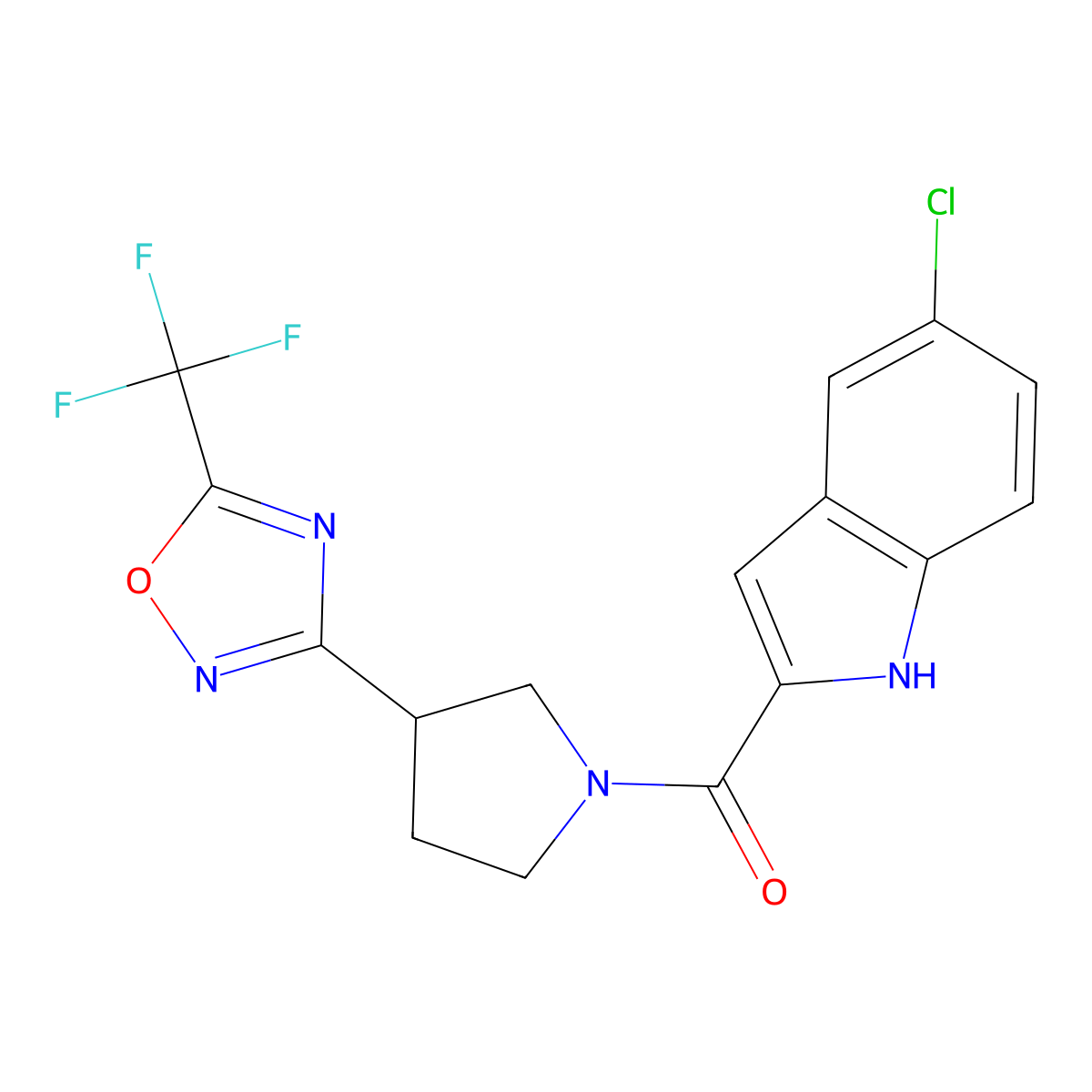 (5-chloro-1H-indol-2-yl)(3-(5-(trifluoromethyl)-1,2,4-oxadiazol-3-yl)pyrrolidin-1-yl)methanone molecular structure, CAS 2034415-01-3