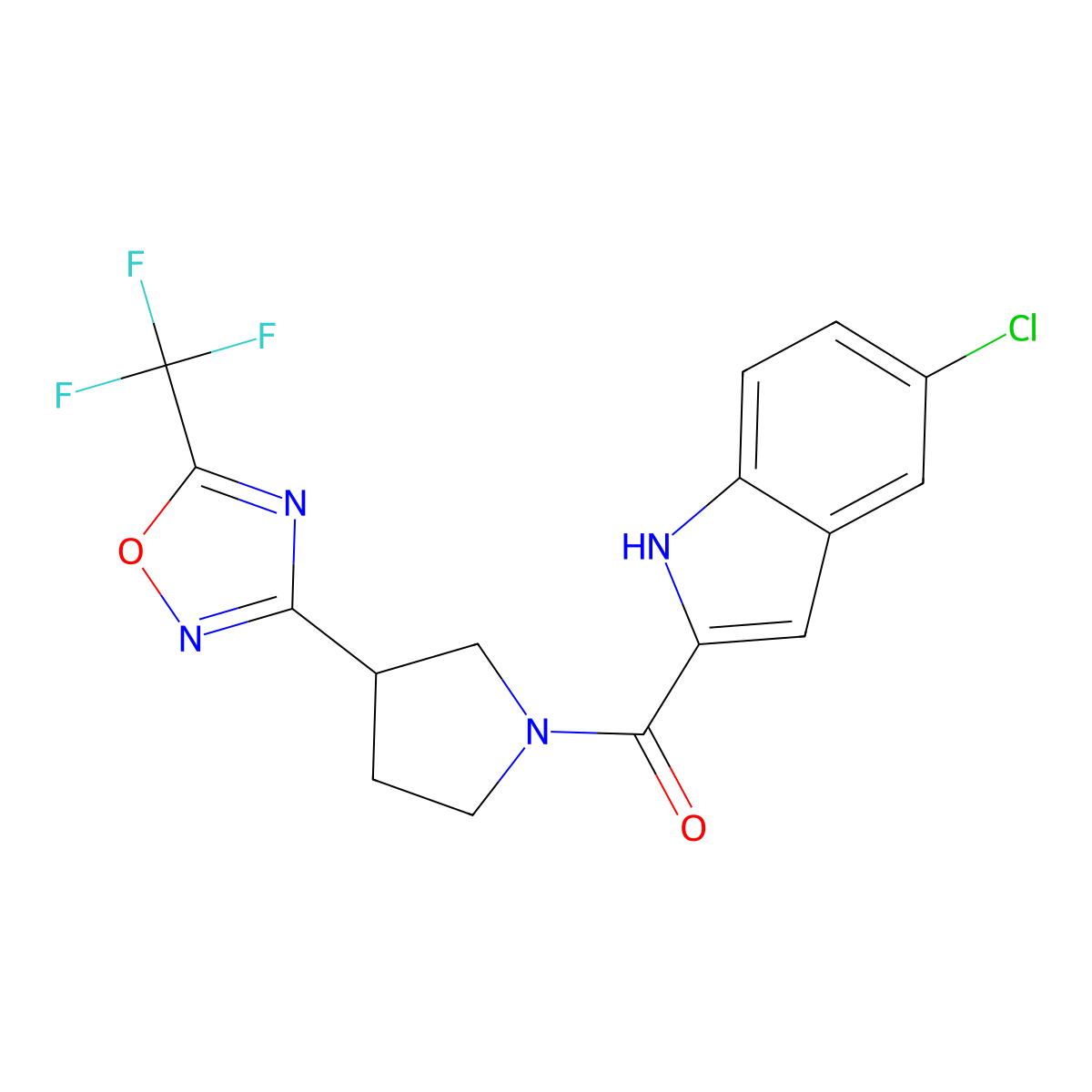 (5-chloro-1H-indol-2-yl)(3-(5-(trifluoromethyl)-1,2,4-oxadiazol-3-yl)pyrrolidin-1-yl)methanone molecular structure, CAS 2034415-01-3