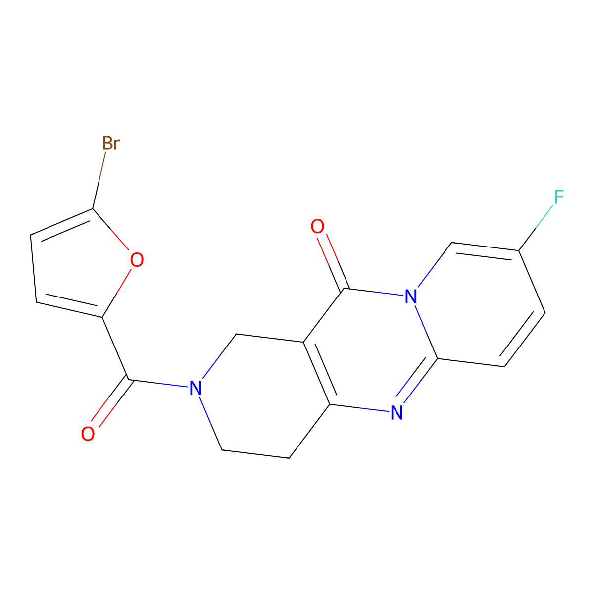 2-(5-bromofuran-2-carbonyl)-8-fluoro-3,4-dihydro-1H-dipyrido[1,2-a:4',3'-d]pyrimidin-11(2H)-one molecular structure, CAS 2034415-05-7