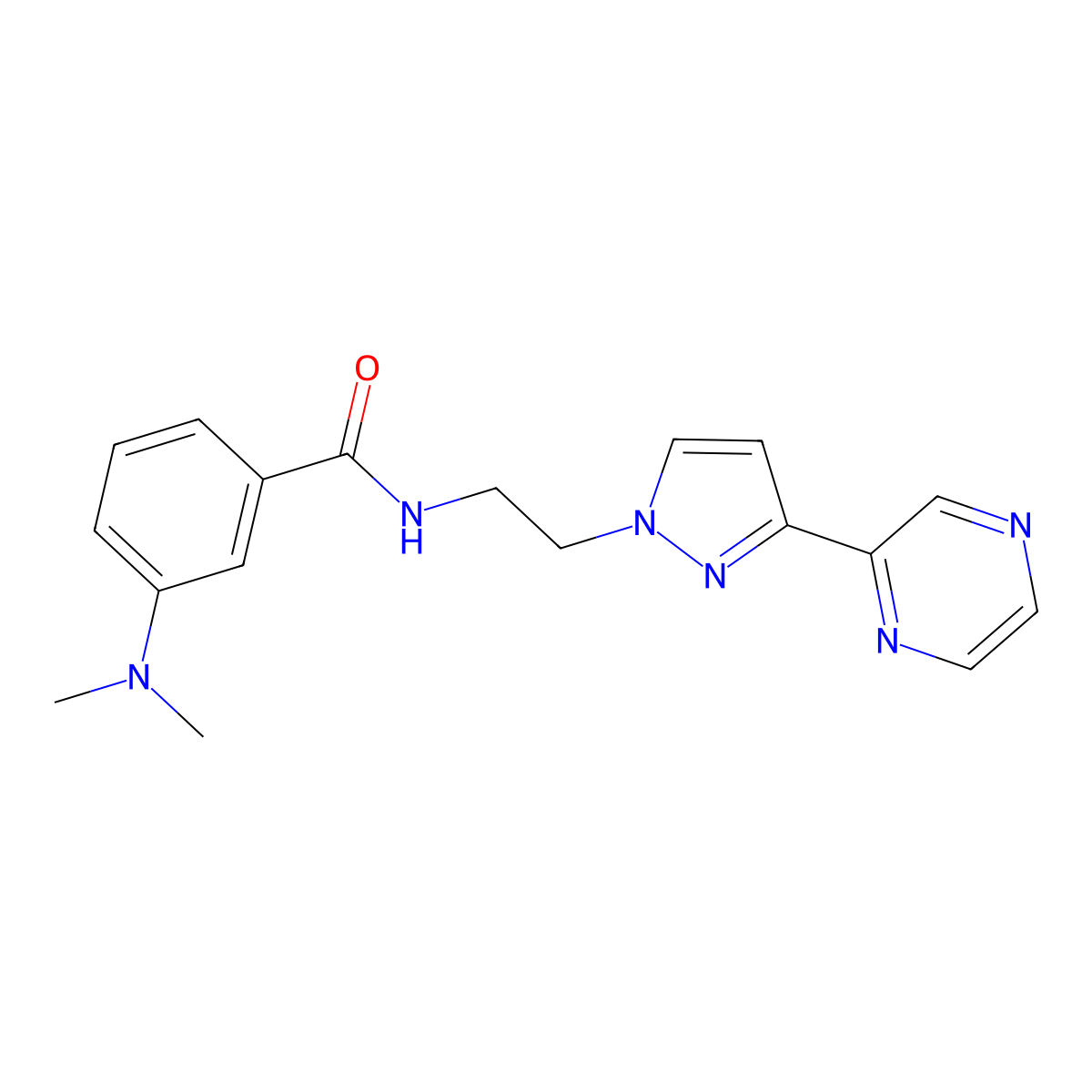 3-(dimethylamino)-N-(2-(3-(pyrazin-2-yl)-1H-pyrazol-1-yl)ethyl)benzamide molecular structure, CAS 2034415-06-8