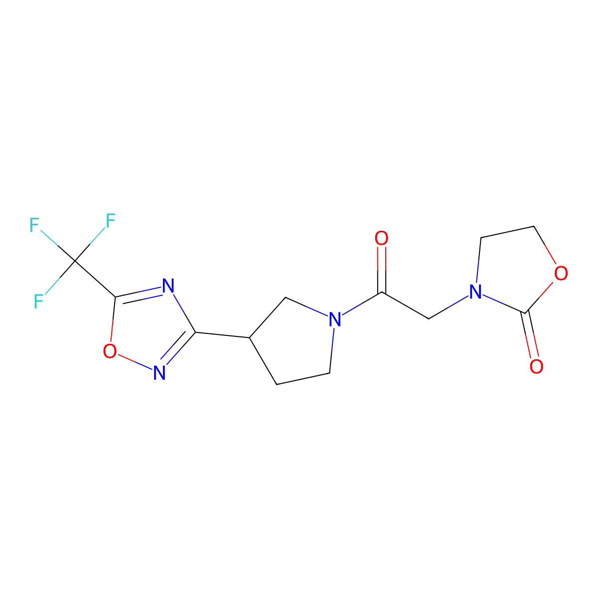 3-(2-Oxo-2-(3-(5-(trifluoromethyl)-1,2,4-oxadiazol-3-yl)pyrrolidin-1-yl)ethyl)oxazolidin-2-one molecular structure, CAS 2034415-09-1