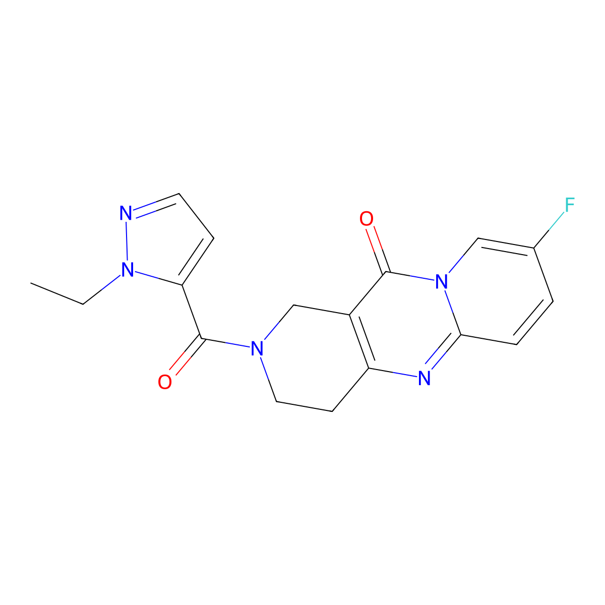 2-(1-ethyl-1H-pyrazole-5-carbonyl)-8-fluoro-3,4-dihydro-1H-dipyrido[1,2-a:4',3'-d]pyrimidin-11(2H)-one molecular structure, CAS 2034415-21-7