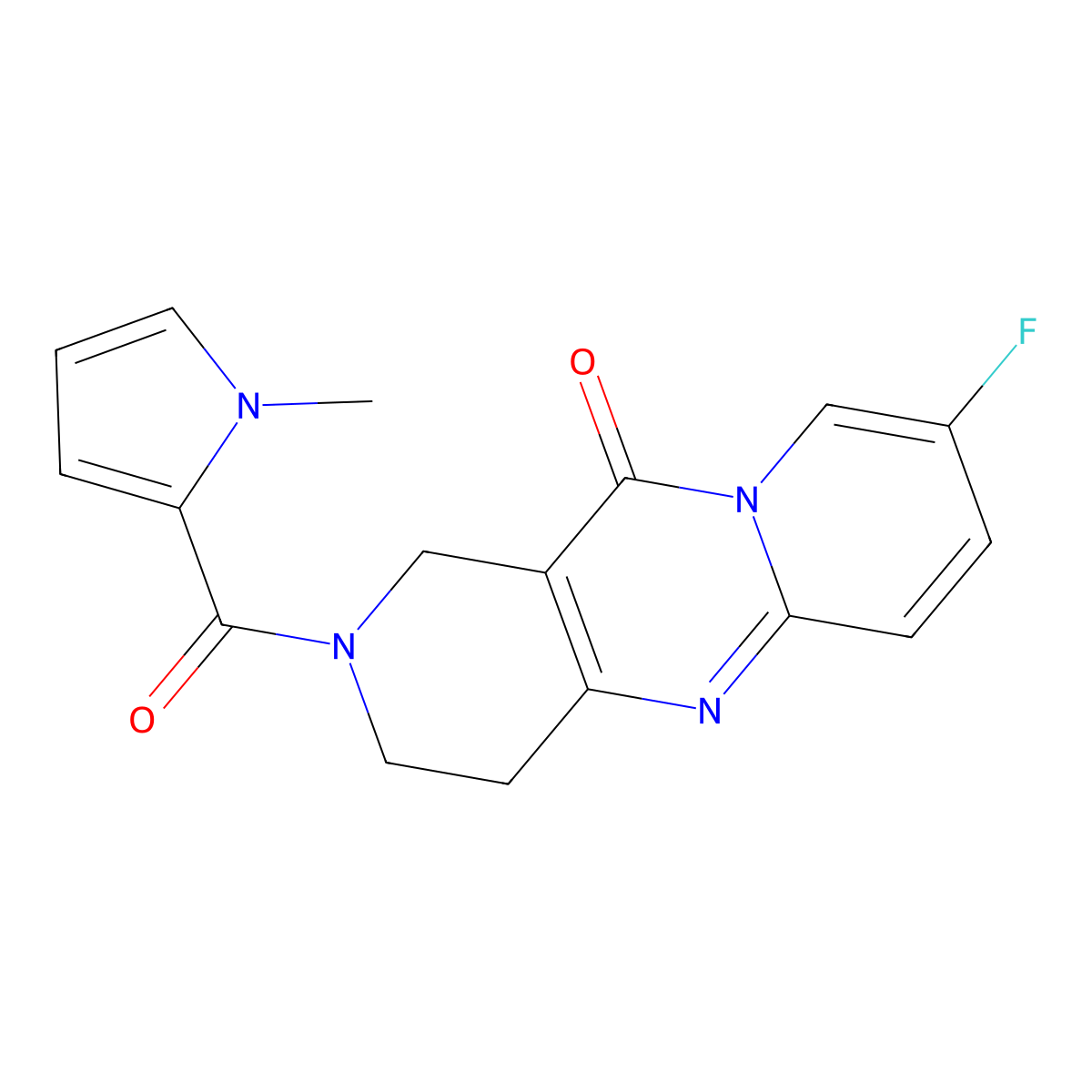 8-fluoro-2-(1-methyl-1H-pyrrole-2-carbonyl)-3,4-dihydro-1H-dipyrido[1,2-a:4',3'-d]pyrimidin-11(2H)-one molecular structure, CAS 2034415-30-8