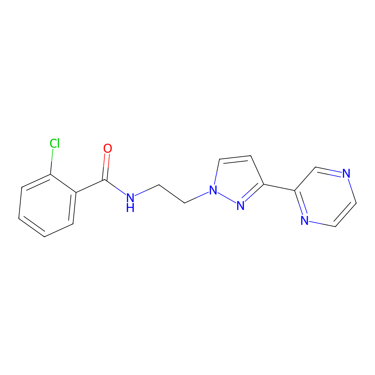 2-chloro-N-{2-[3-(pyrazin-2-yl)-1H-pyrazol-1-yl]ethyl}benzamide molecular structure, CAS 2034415-36-4