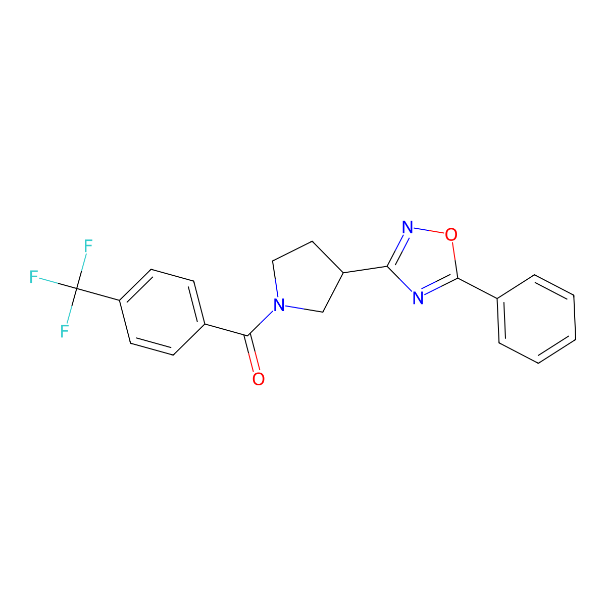 (3-(5-Phenyl-1,2,4-oxadiazol-3-yl)pyrrolidin-1-yl)(4-(trifluoromethyl)phenyl)methanone molecular structure, CAS 2034415-37-5