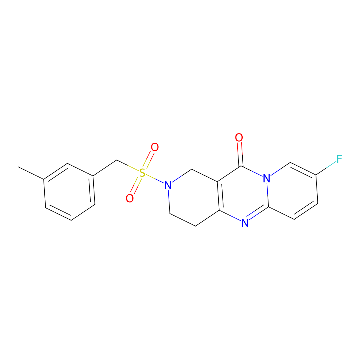 8-fluoro-2-((3-methylbenzyl)sulfonyl)-3,4-dihydro-1H-dipyrido[1,2-a:4',3'-d]pyrimidin-11(2H)-one molecular structure, CAS 2034415-60-4