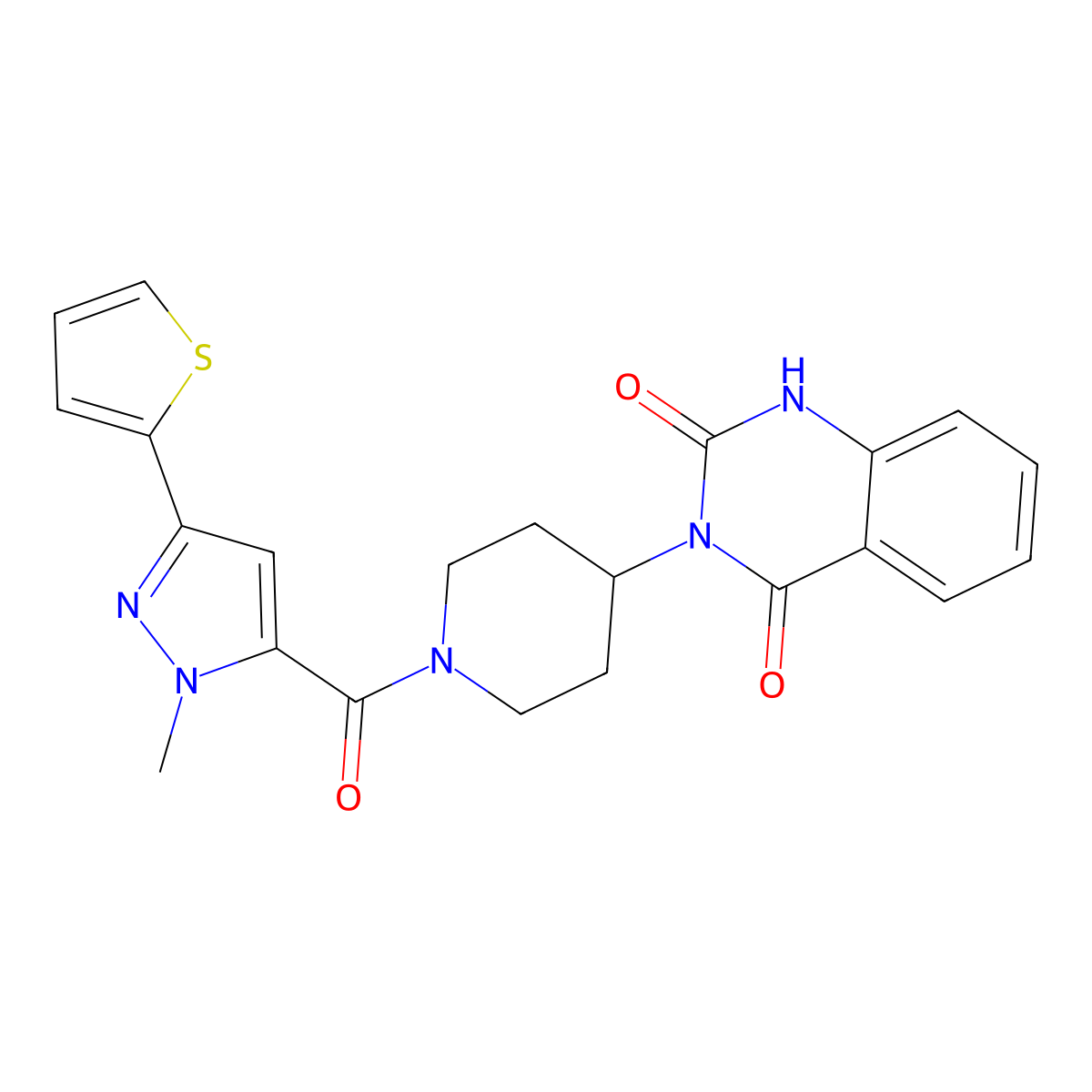 3-(1-(1-methyl-3-(thiophen-2-yl)-1H-pyrazole-5-carbonyl)piperidin-4-yl)quinazoline-2,4(1H,3H)-dione molecular structure, CAS 2034415-61-5