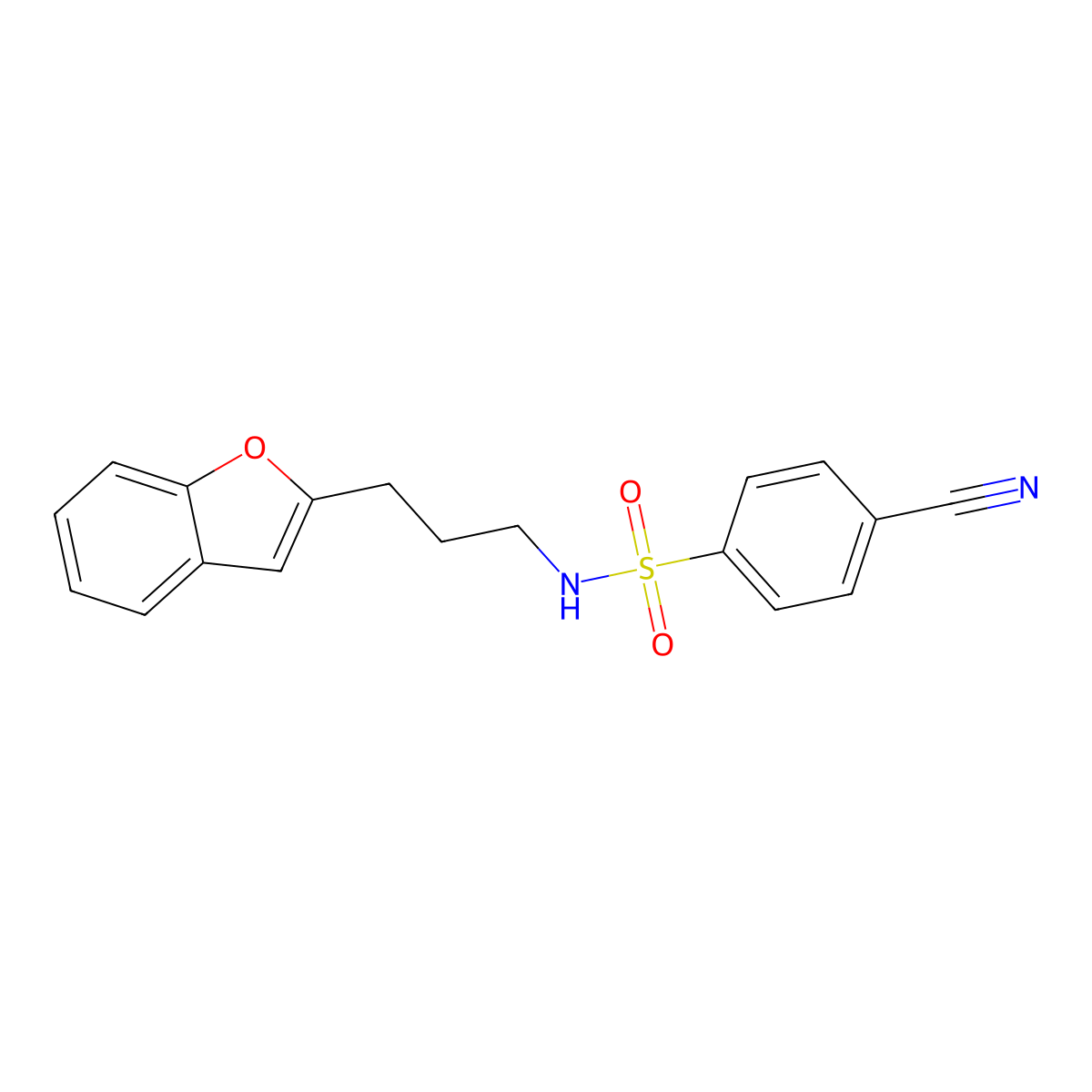 N-(3-(benzofuran-2-yl)propyl)-4-cyanobenzenesulfonamide molecular structure, CAS 2034415-91-1