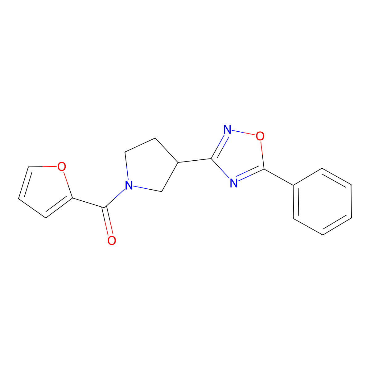 Furan-2-yl(3-(5-phenyl-1,2,4-oxadiazol-3-yl)pyrrolidin-1-yl)methanone molecular structure, CAS 2034416-13-0