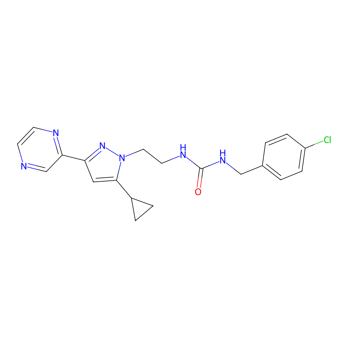 1-(4-chlorobenzyl)-3-(2-(5-cyclopropyl-3-(pyrazin-2-yl)-1H-pyrazol-1-yl)ethyl)urea molecular structure, CAS 2034416-34-5