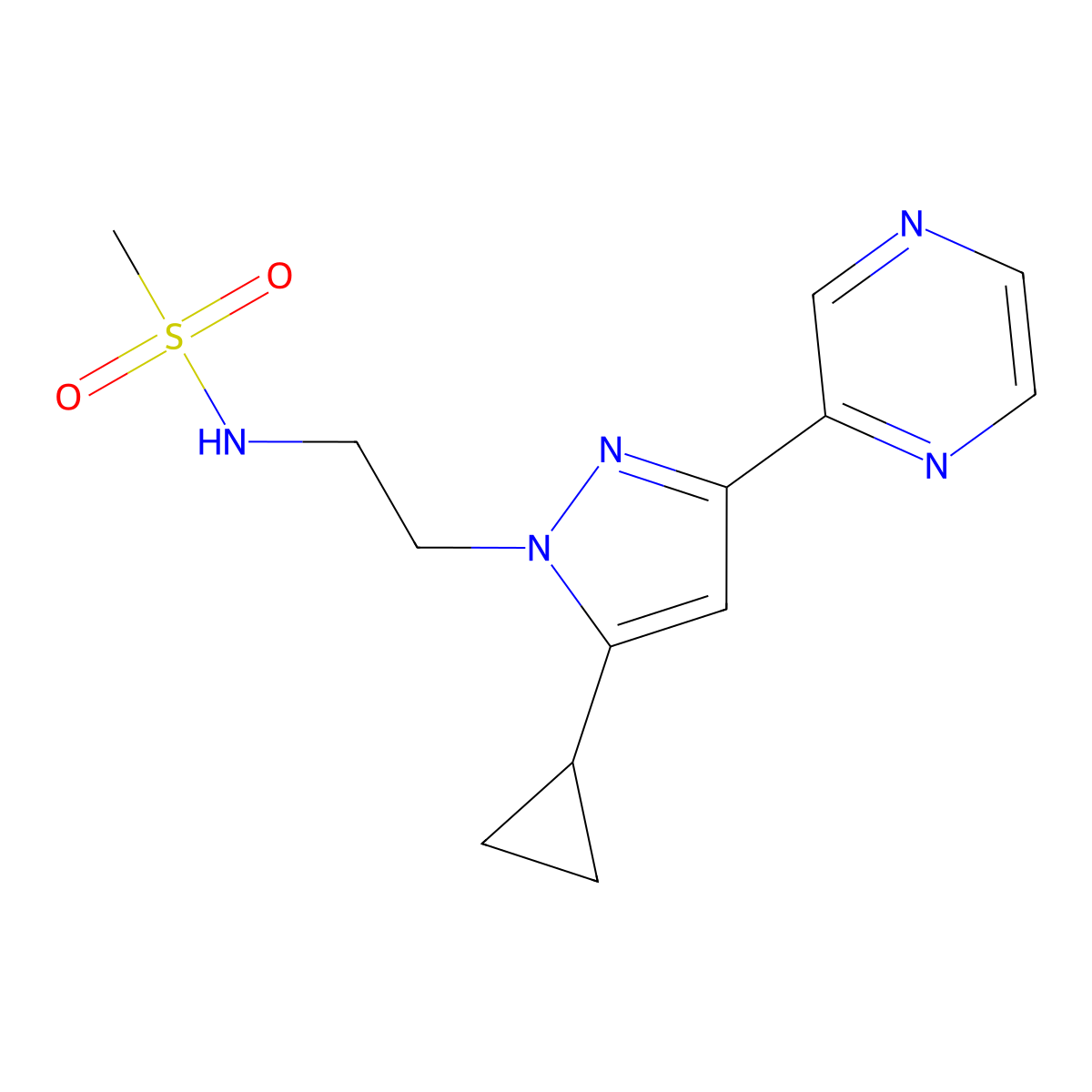 N-{2-[5-cyclopropyl-3-(pyrazin-2-yl)-1H-pyrazol-1-yl]ethyl}methanesulfonamide molecular structure, CAS 2034416-36-7