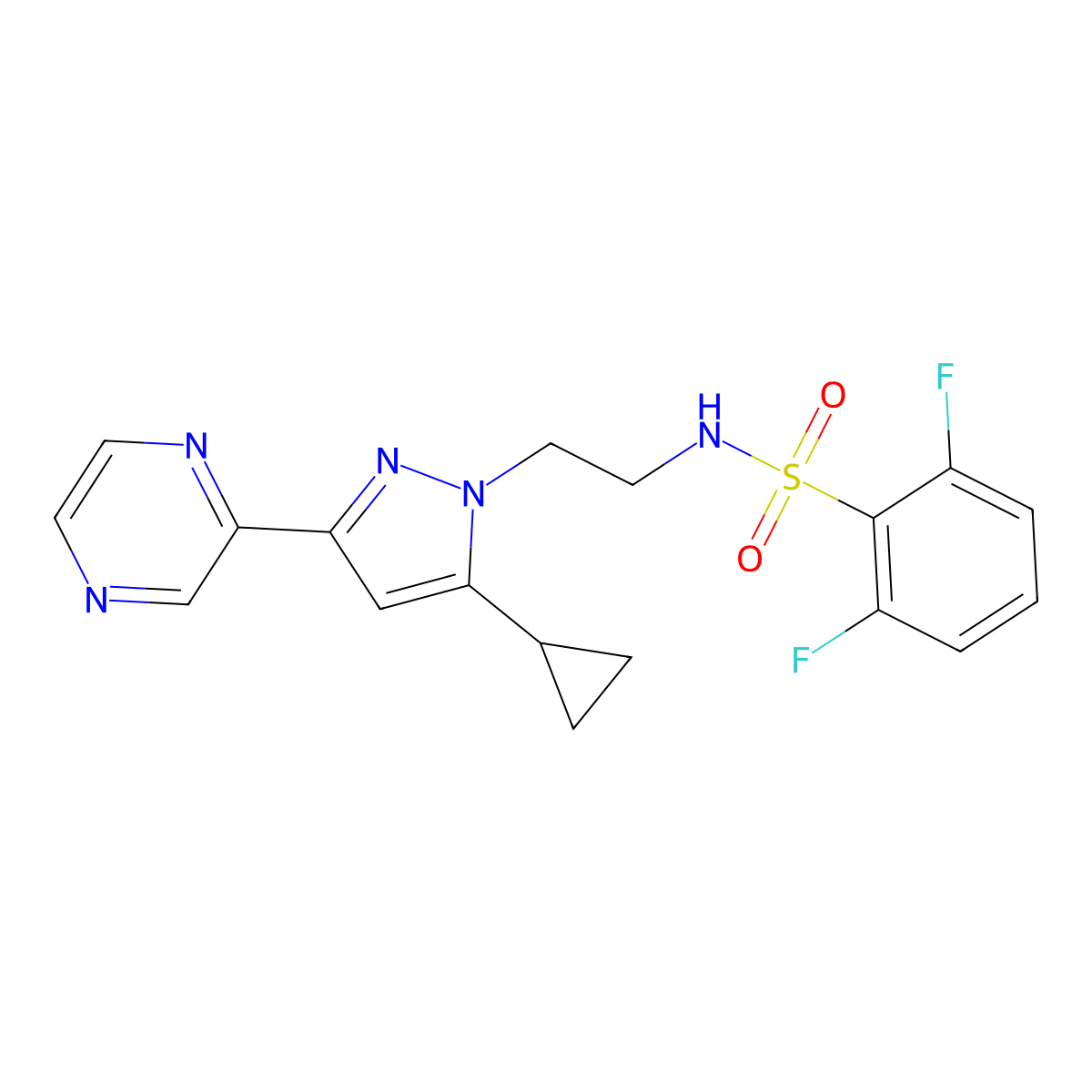 N-(2-(5-cyclopropyl-3-(pyrazin-2-yl)-1H-pyrazol-1-yl)ethyl)-2,6-difluorobenzenesulfonamide molecular structure, CAS 2034416-40-3