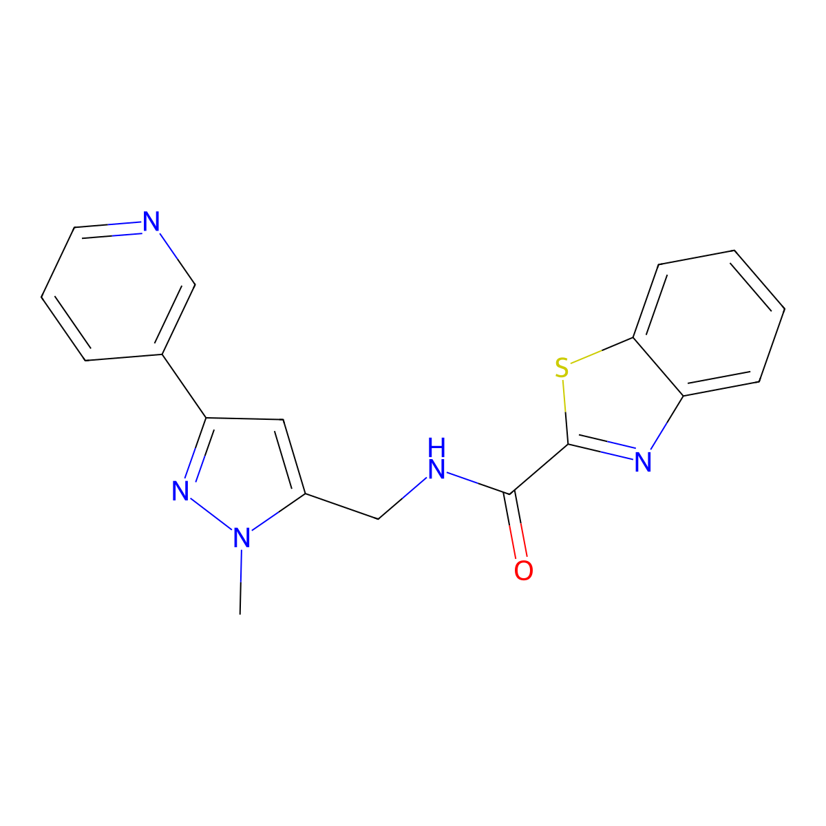 N-((1-methyl-3-(pyridin-3-yl)-1H-pyrazol-5-yl)methyl)benzo[d]thiazole-2-carboxamide molecular structure, CAS 2034416-44-7