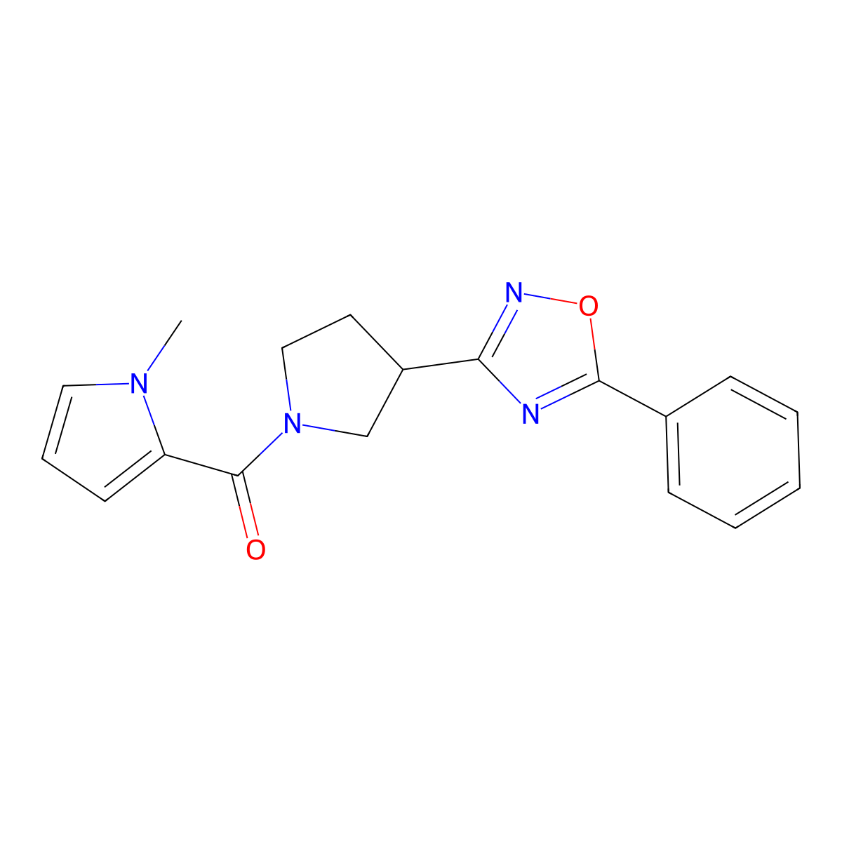 (1-methyl-1H-pyrrol-2-yl)(3-(5-phenyl-1,2,4-oxadiazol-3-yl)pyrrolidin-1-yl)methanone molecular structure, CAS 2034416-45-8