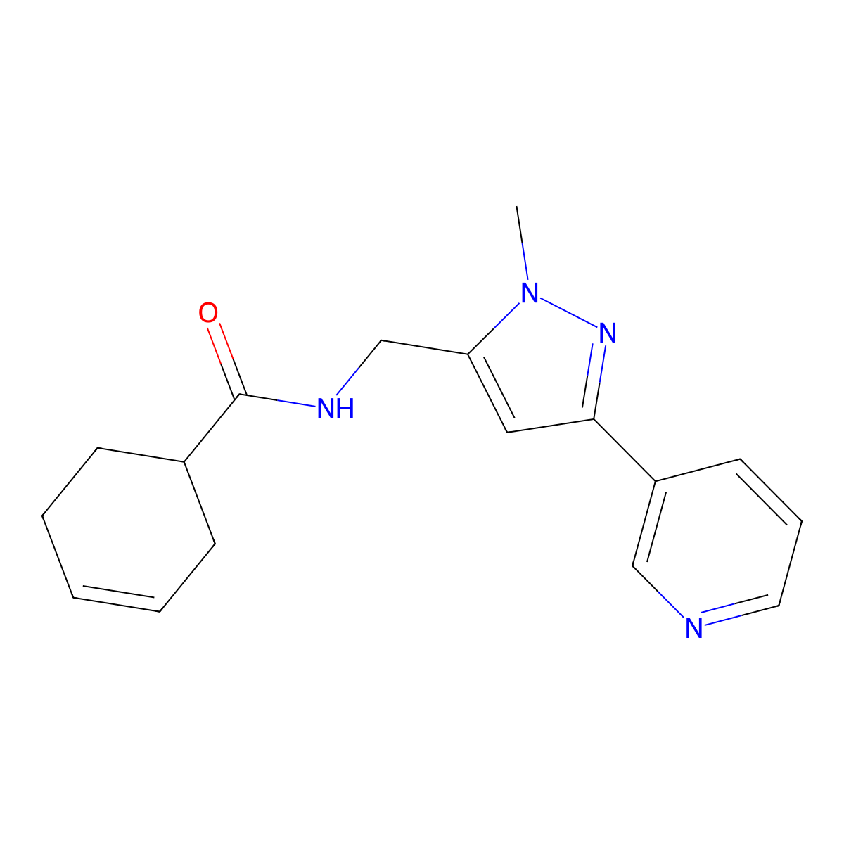 N-((1-methyl-3-(pyridin-3-yl)-1H-pyrazol-5-yl)methyl)cyclohex-3-enecarboxamide molecular structure, CAS 2034416-48-1