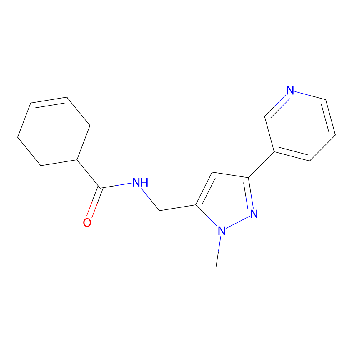 N-((1-methyl-3-(pyridin-3-yl)-1H-pyrazol-5-yl)methyl)cyclohex-3-enecarboxamide molecular structure, CAS 2034416-48-1