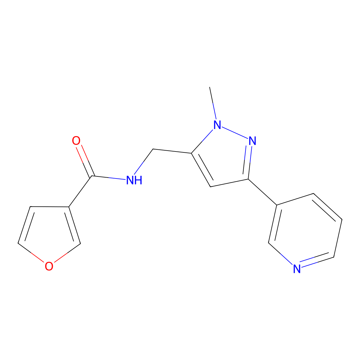 N-((1-methyl-3-(pyridin-3-yl)-1H-pyrazol-5-yl)methyl)furan-3-carboxamide molecular structure, CAS 2034416-55-0