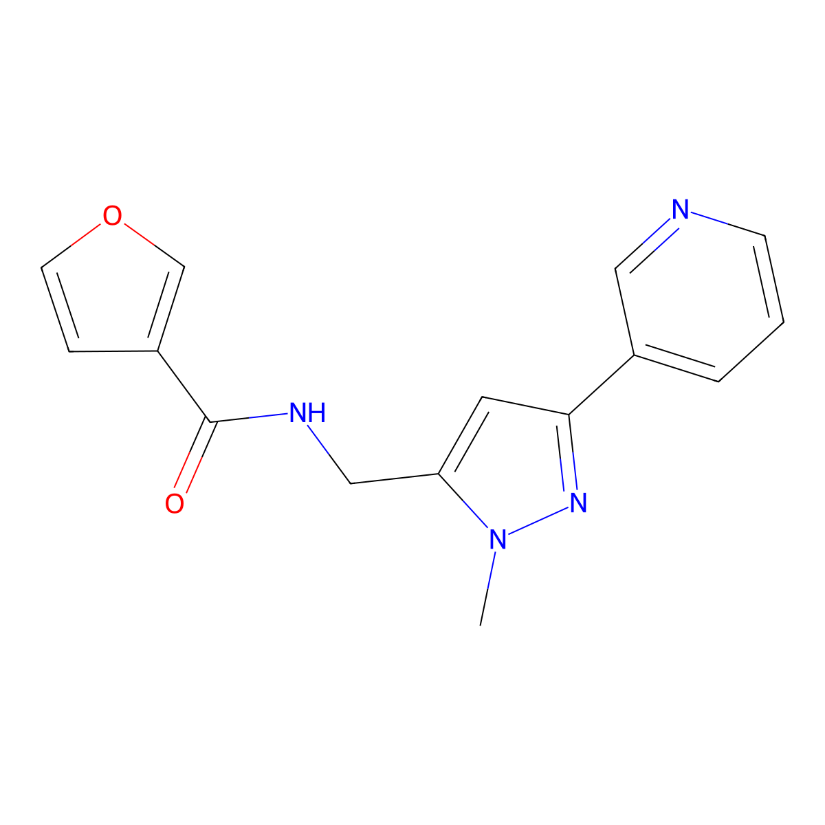N-((1-methyl-3-(pyridin-3-yl)-1H-pyrazol-5-yl)methyl)furan-3-carboxamide molecular structure, CAS 2034416-55-0
