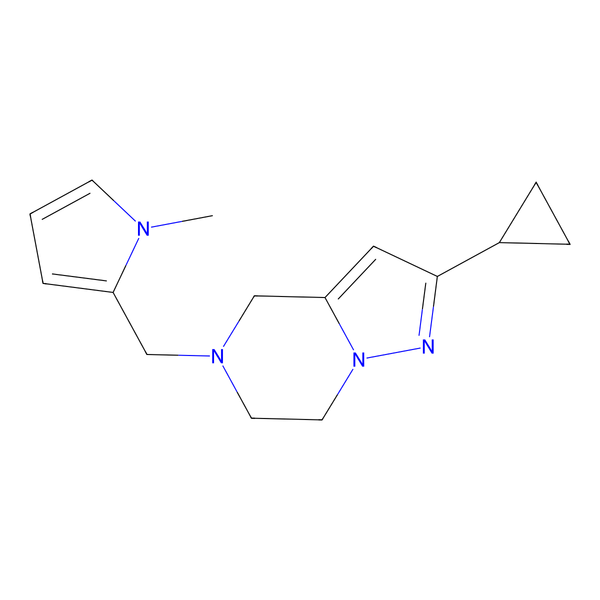 2-cyclopropyl-5-((1-methyl-1H-pyrrol-2-yl)methyl)-4,5,6,7-tetrahydropyrazolo[1,5-a]pyrazine molecular structure, CAS 2034416-57-2