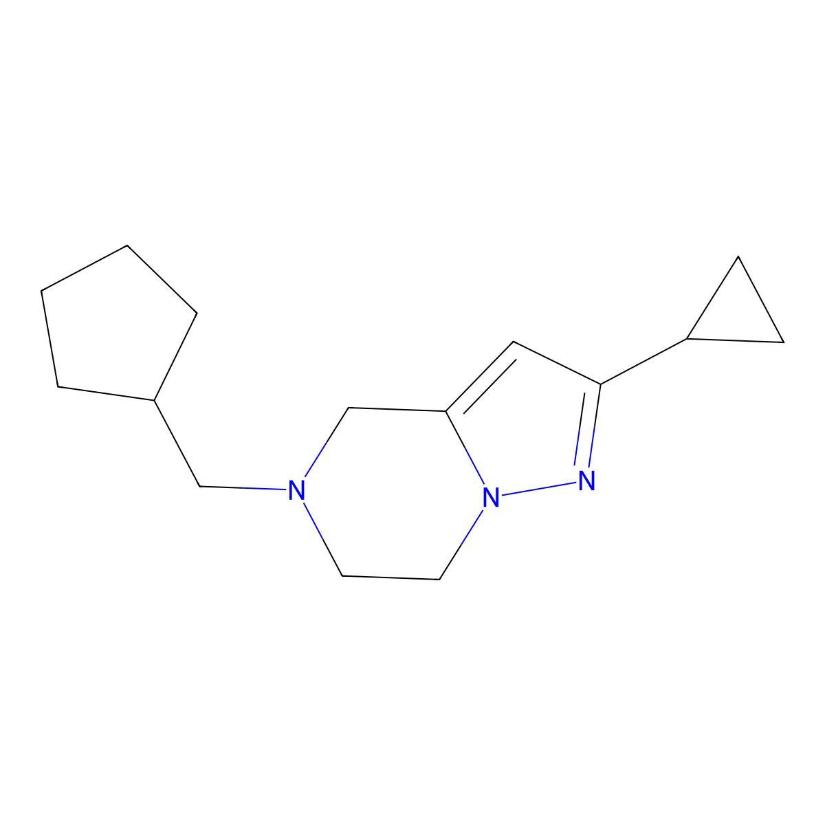 5-(Cyclopentylmethyl)-2-cyclopropyl-4,5,6,7-tetrahydropyrazolo[1,5-a]pyrazine molecular structure, CAS 2034416-63-0