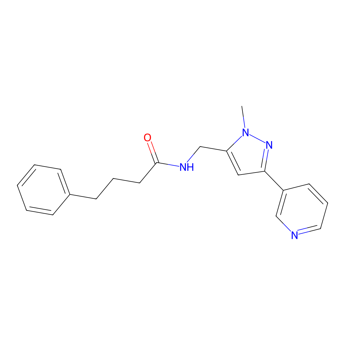 N-{[1-methyl-3-(pyridin-3-yl)-1H-pyrazol-5-yl]methyl}-4-phenylbutanamide molecular structure, CAS 2034416-70-9