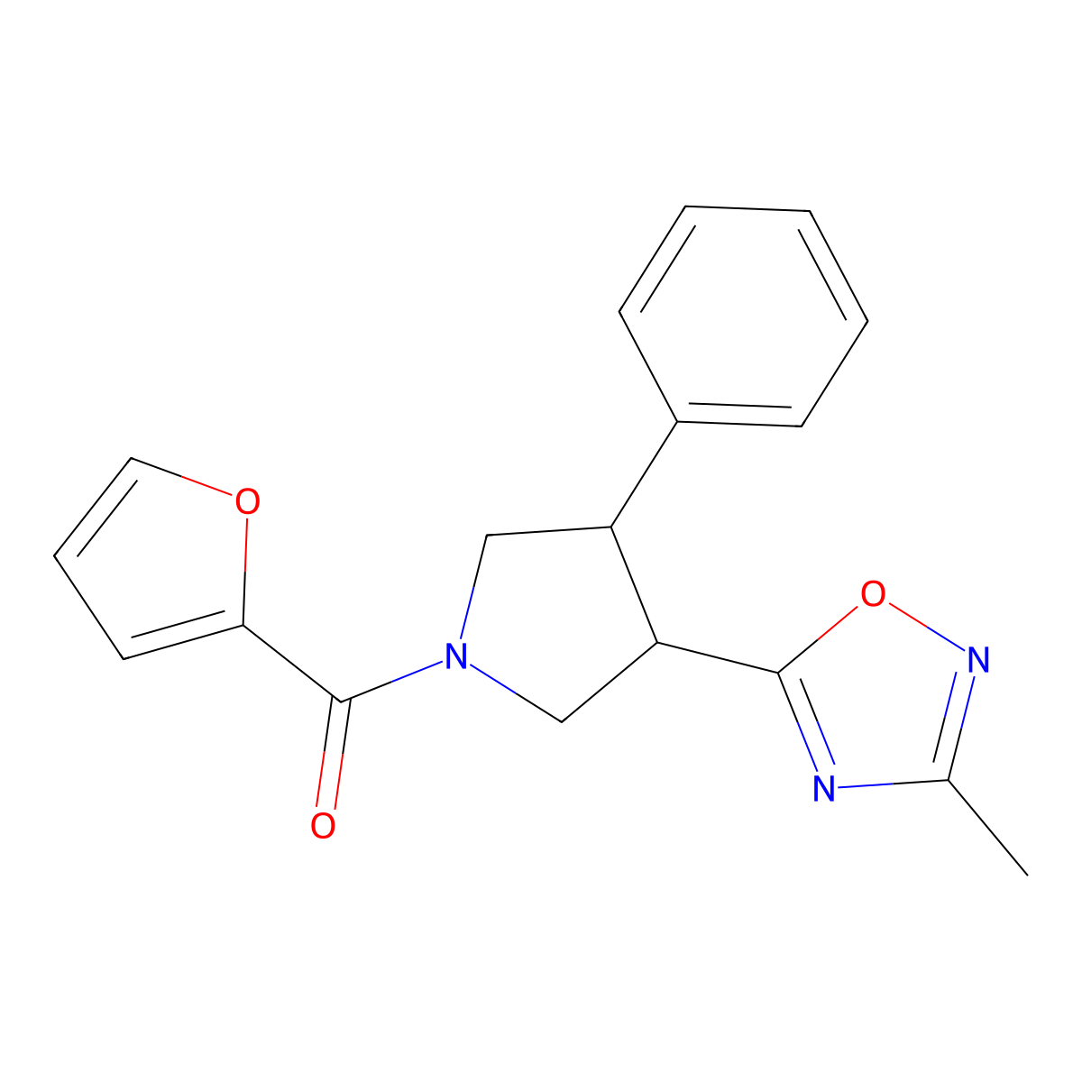 Furan-2-yl(3-(3-methyl-1,2,4-oxadiazol-5-yl)-4-phenylpyrrolidin-1-yl)methanone molecular structure, CAS 2034416-91-4