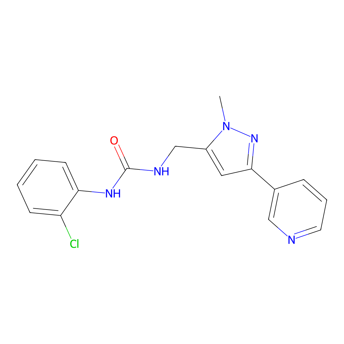 1-(2-chlorophenyl)-3-((1-methyl-3-(pyridin-3-yl)-1H-pyrazol-5-yl)methyl)urea molecular structure, CAS 2034416-93-6
