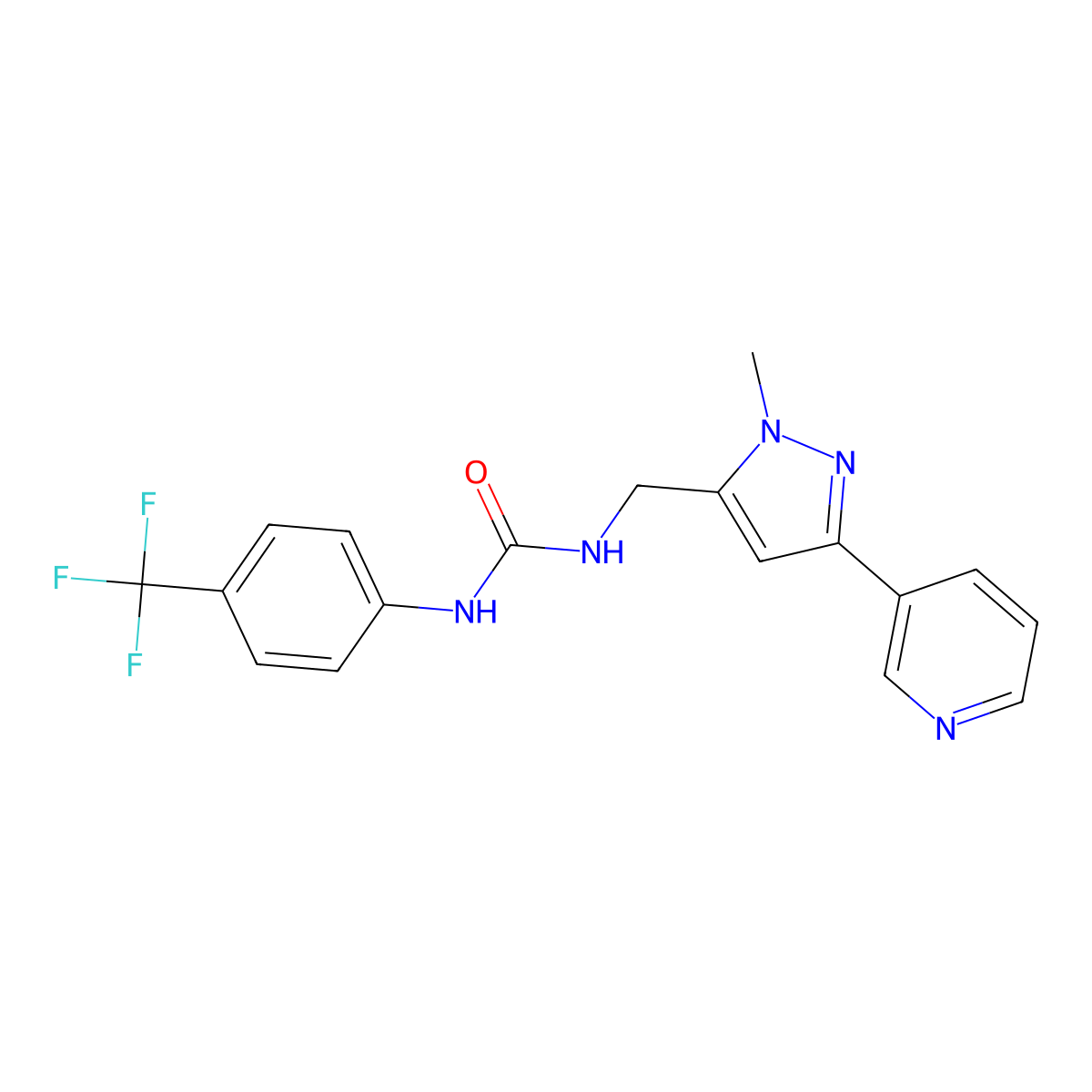 1-((1-methyl-3-(pyridin-3-yl)-1H-pyrazol-5-yl)methyl)-3-(4-(trifluoromethyl)phenyl)urea molecular structure, CAS 2034417-04-2