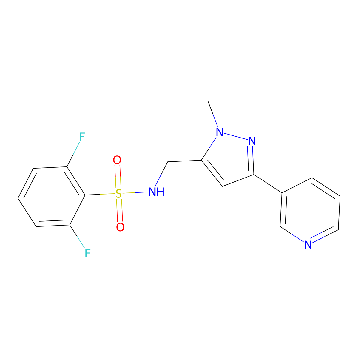 2,6-difluoro-N-((1-methyl-3-(pyridin-3-yl)-1H-pyrazol-5-yl)methyl)benzenesulfonamide molecular structure, CAS 2034417-12-2