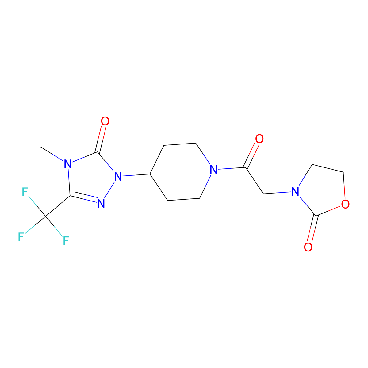 3-(2-(4-(4-methyl-5-oxo-3-(trifluoromethyl)-4,5-dihydro-1H-1,2,4-triazol-1-yl)piperidin-1-yl)-2-oxoethyl)oxazolidin-2-one molecular structure, CAS 2034417-16-6