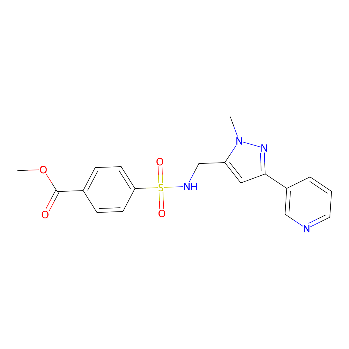 methyl 4-(N-((1-methyl-3-(pyridin-3-yl)-1H-pyrazol-5-yl)methyl)sulfamoyl)benzoate molecular structure, CAS 2034417-20-2