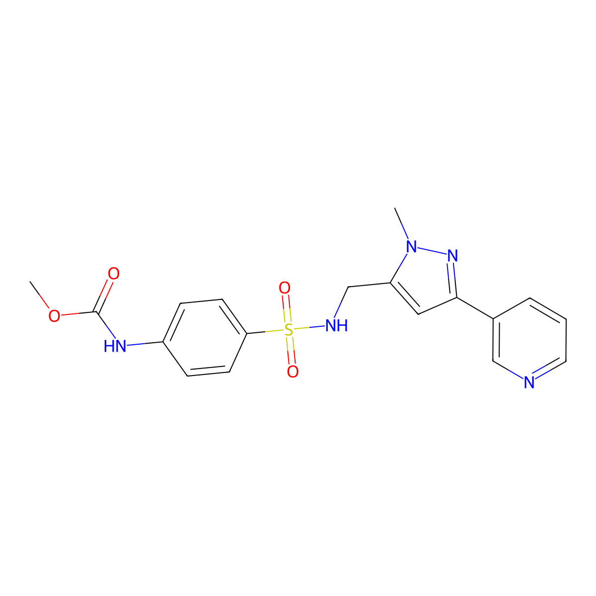 methyl (4-(N-((1-methyl-3-(pyridin-3-yl)-1H-pyrazol-5-yl)methyl)sulfamoyl)phenyl)carbamate molecular structure, CAS 2034417-35-9