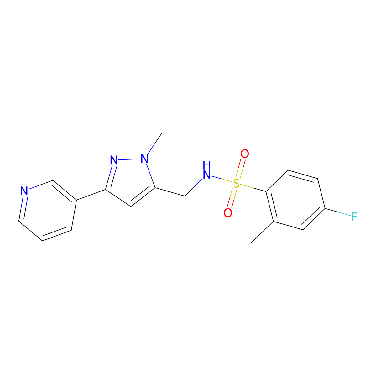 4-fluoro-2-methyl-N-((1-methyl-3-(pyridin-3-yl)-1H-pyrazol-5-yl)methyl)benzenesulfonamide molecular structure, CAS 2034417-44-0