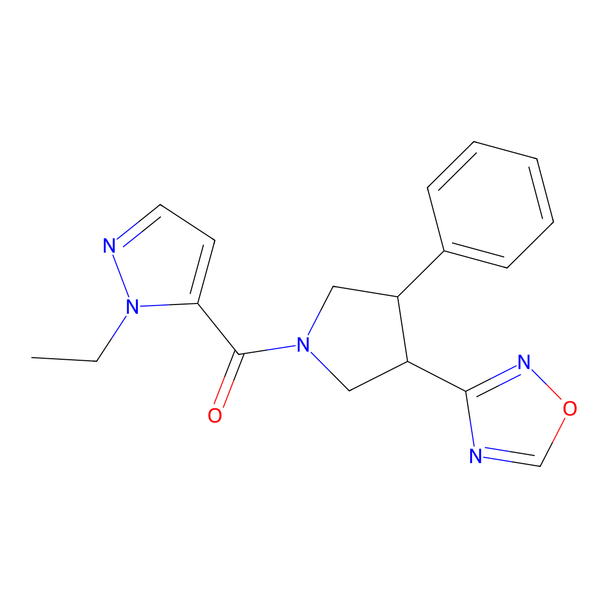 (3-(1,2,4-oxadiazol-3-yl)-4-phenylpyrrolidin-1-yl)(1-ethyl-1H-pyrazol-5-yl)methanone molecular structure, CAS 2034417-52-0