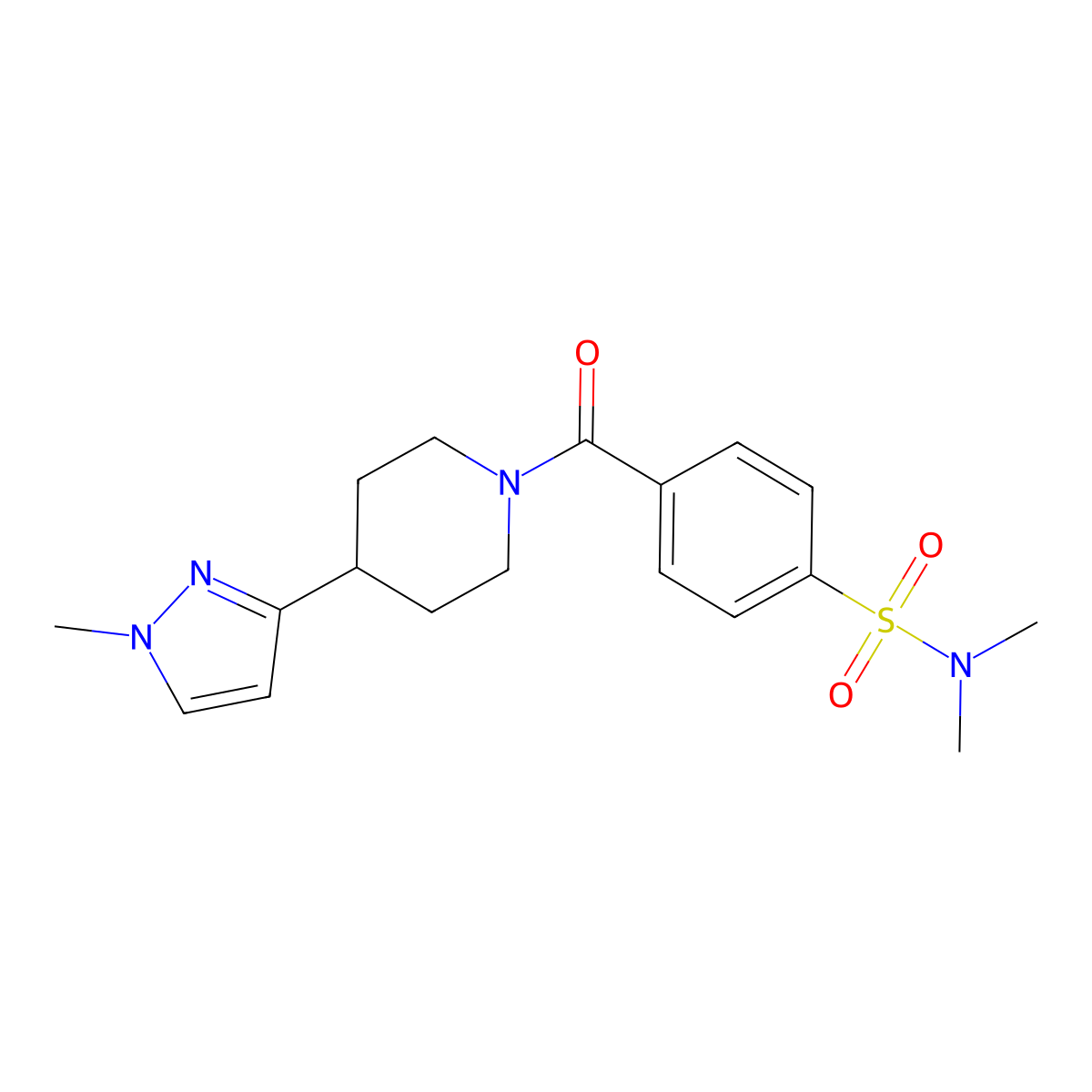N,N-dimethyl-4-[4-(1-methyl-1H-pyrazol-3-yl)piperidine-1-carbonyl]benzene-1-sulfonamide molecular structure, CAS 2034417-71-3