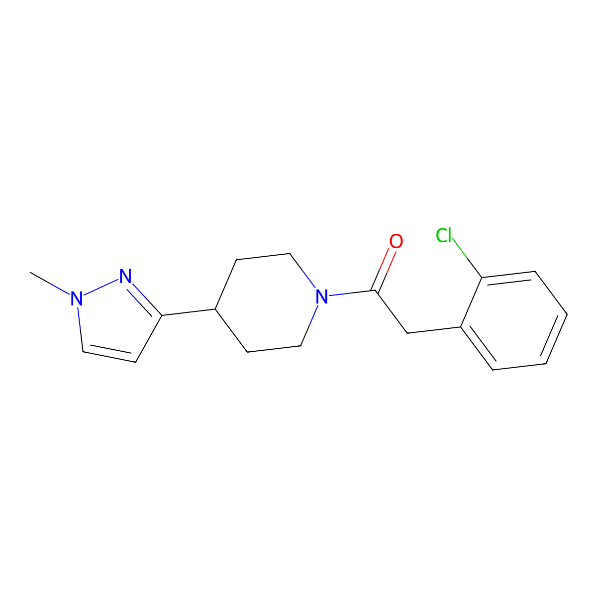 2-(2-chlorophenyl)-1-(4-(1-methyl-1H-pyrazol-3-yl)piperidin-1-yl)ethanone molecular structure, CAS 2034417-80-4