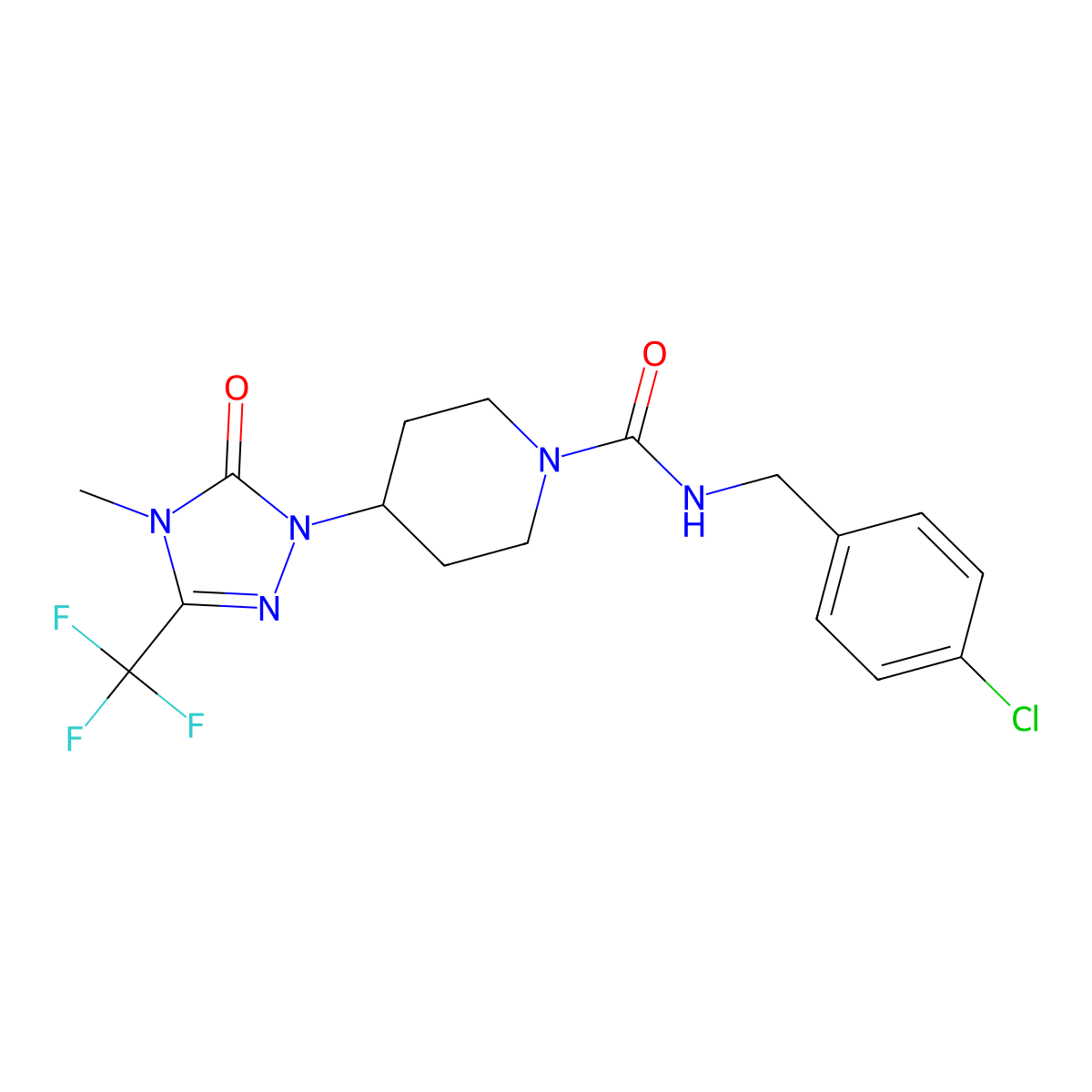 N-(4-chlorobenzyl)-4-(4-methyl-5-oxo-3-(trifluoromethyl)-4,5-dihydro-1H-1,2,4-triazol-1-yl)piperidine-1-carboxamide molecular structure, CAS 2034417-83-7