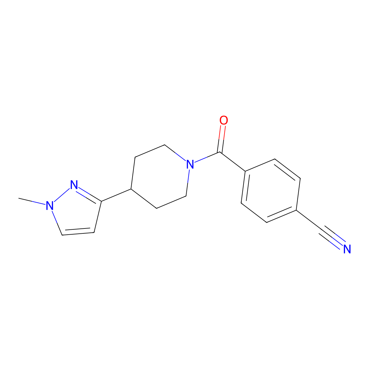 4-(4-(1-methyl-1H-pyrazol-3-yl)piperidine-1-carbonyl)benzonitrile molecular structure, CAS 2034417-85-9