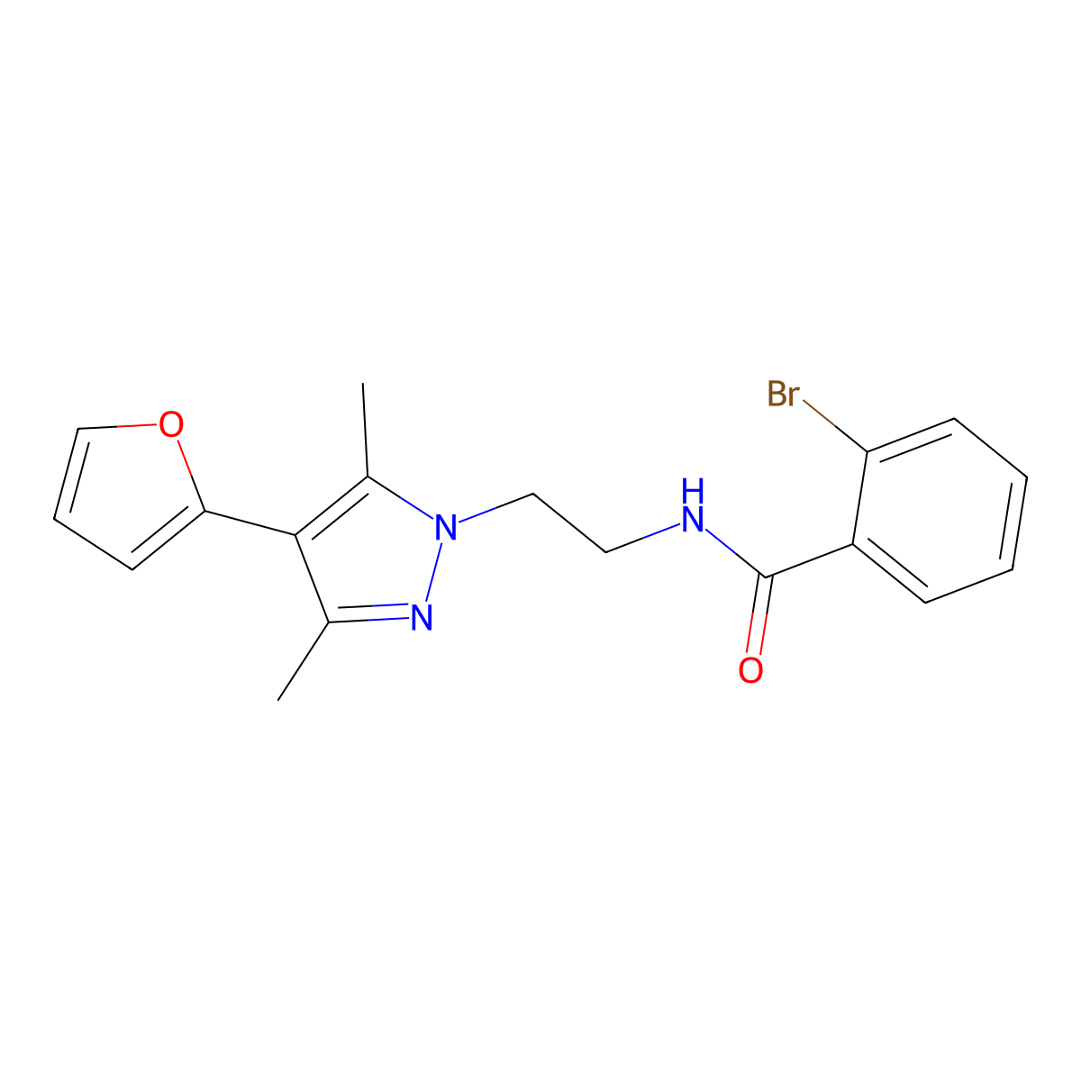 2-bromo-N-(2-(4-(furan-2-yl)-3,5-dimethyl-1H-pyrazol-1-yl)ethyl)benzamide molecular structure, CAS 2034417-88-2
