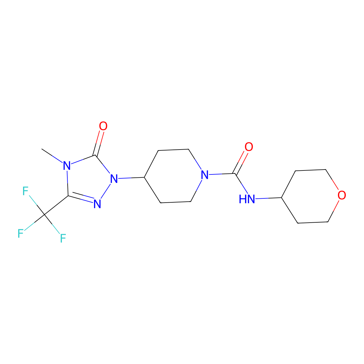 4-(4-methyl-5-oxo-3-(trifluoromethyl)-4,5-dihydro-1H-1,2,4-triazol-1-yl)-N-(tetrahydro-2H-pyran-4-yl)piperidine-1-carboxamide molecular structure, CAS 2034417-89-3