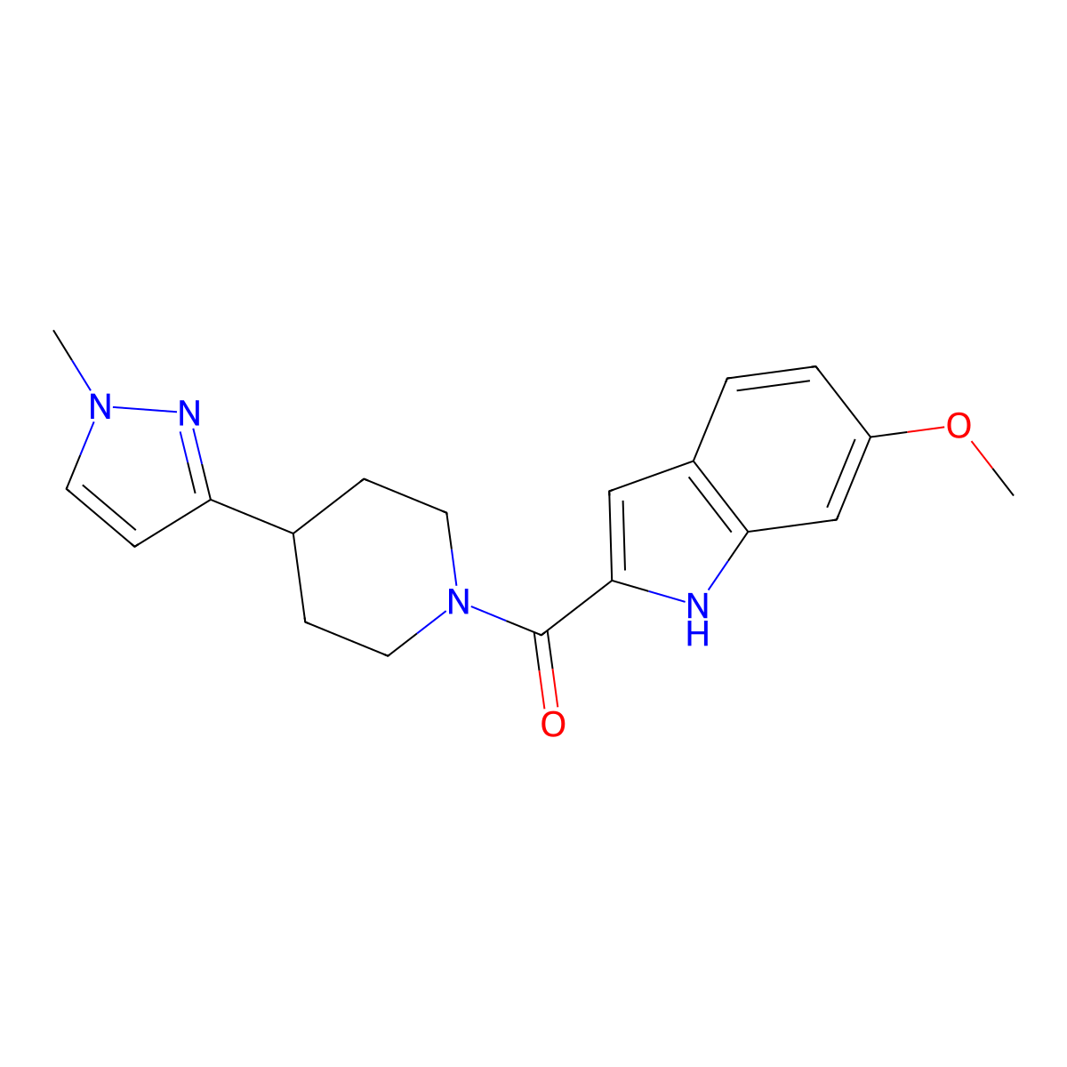 (6-methoxy-1H-indol-2-yl)(4-(1-methyl-1H-pyrazol-3-yl)piperidin-1-yl)methanone molecular structure, CAS 2034417-91-7