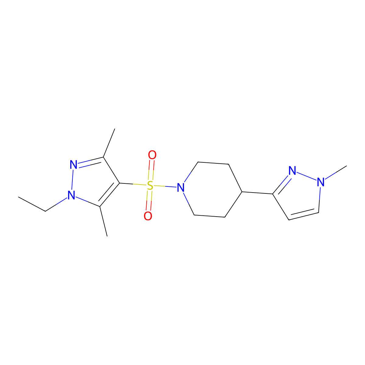 1-((1-ethyl-3,5-dimethyl-1H-pyrazol-4-yl)sulfonyl)-4-(1-methyl-1H-pyrazol-3-yl)piperidine molecular structure, CAS 2034417-97-3