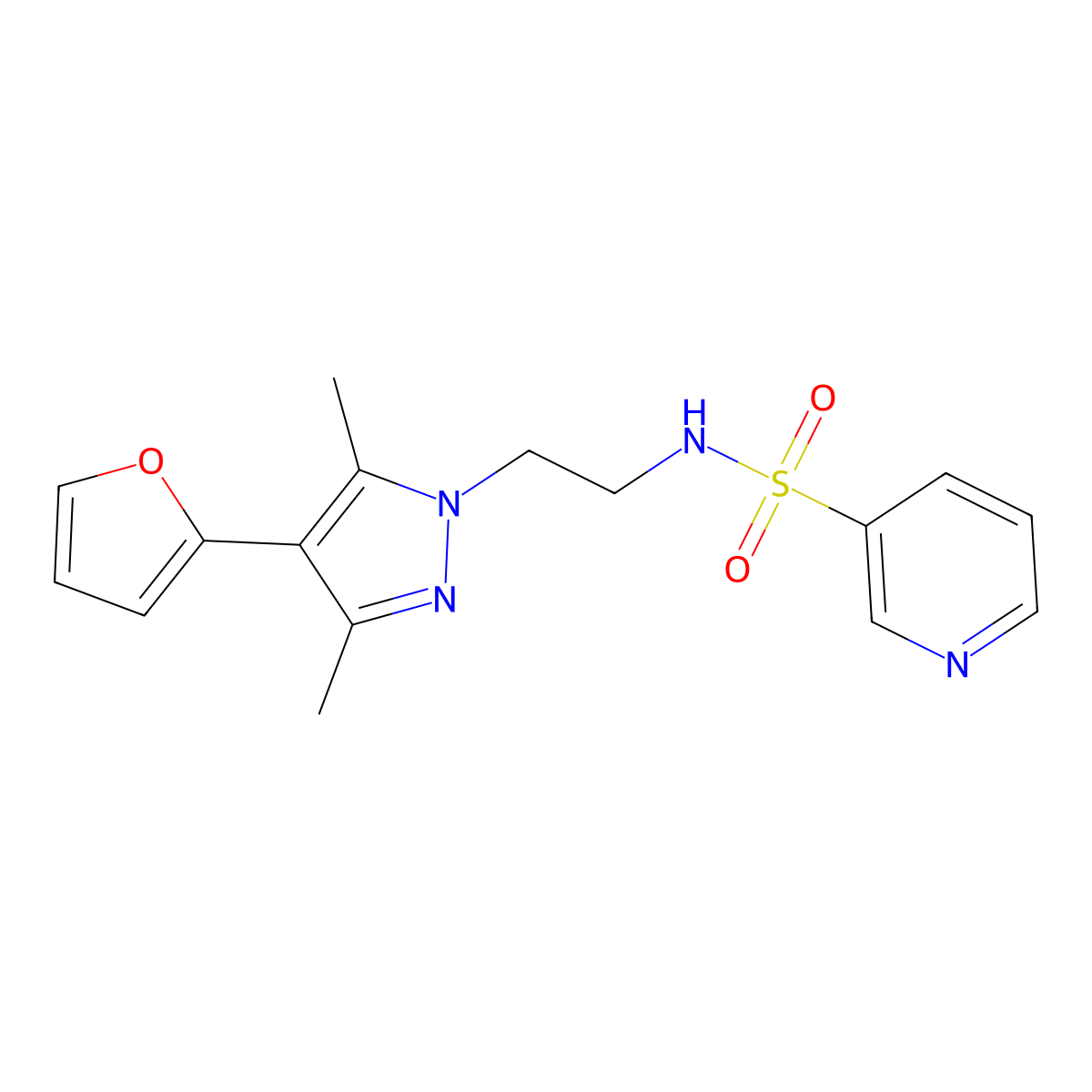 N-{2-[4-(furan-2-yl)-3,5-dimethyl-1H-pyrazol-1-yl]ethyl}pyridine-3-sulfonamide molecular structure, CAS 2034417-99-5