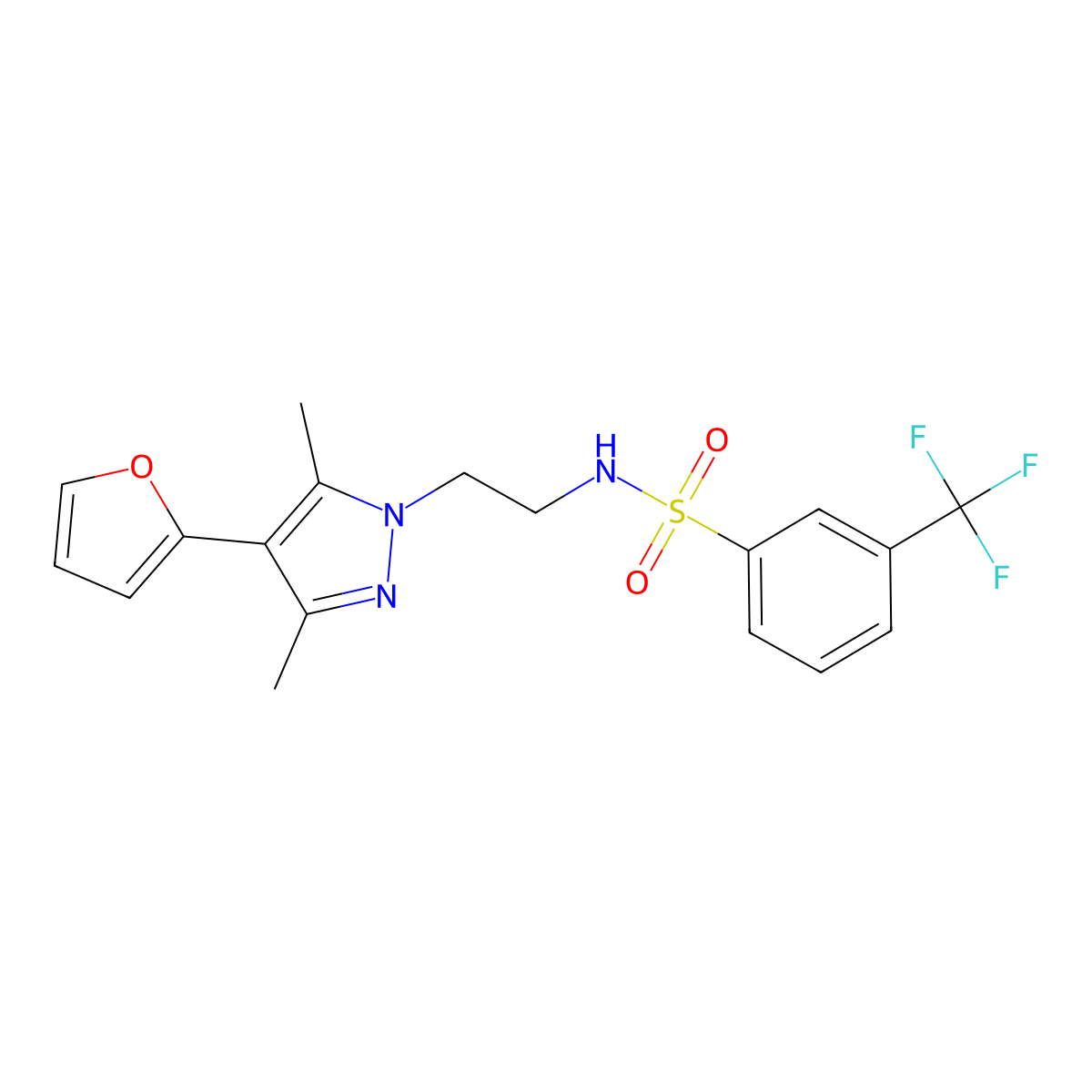 N-(2-(4-(furan-2-yl)-3,5-dimethyl-1H-pyrazol-1-yl)ethyl)-3-(trifluoromethyl)benzenesulfonamide molecular structure, CAS 2034418-06-7