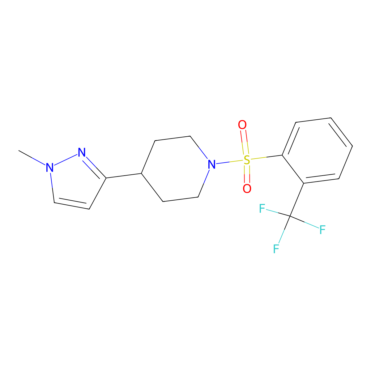 4-(1-methyl-1H-pyrazol-3-yl)-1-((2-(trifluoromethyl)phenyl)sulfonyl)piperidine molecular structure, CAS 2034418-07-8