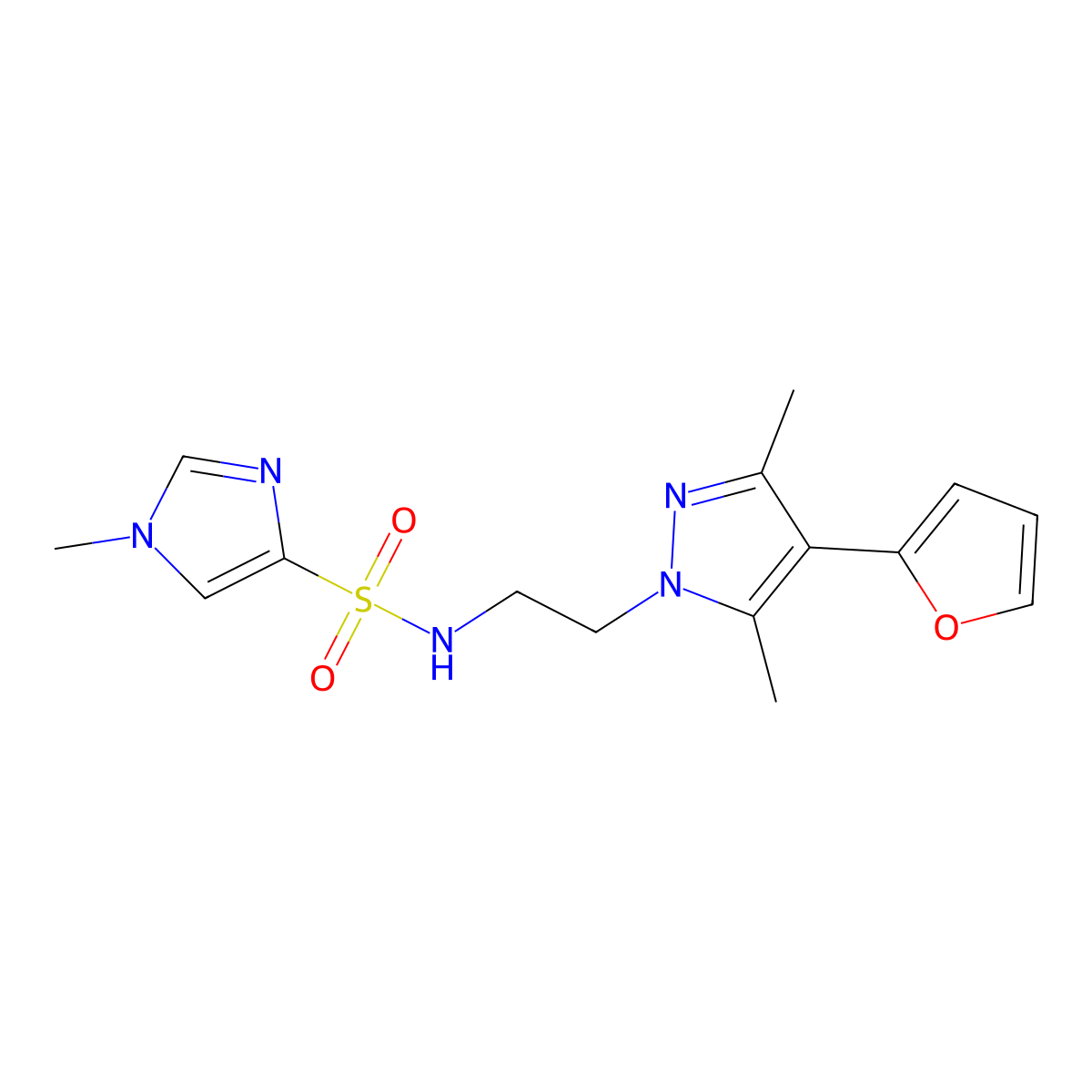 N-{2-[4-(furan-2-yl)-3,5-dimethyl-1H-pyrazol-1-yl]ethyl}-1-methyl-1H-imidazole-4-sulfonamide molecular structure, CAS 2034418-12-5