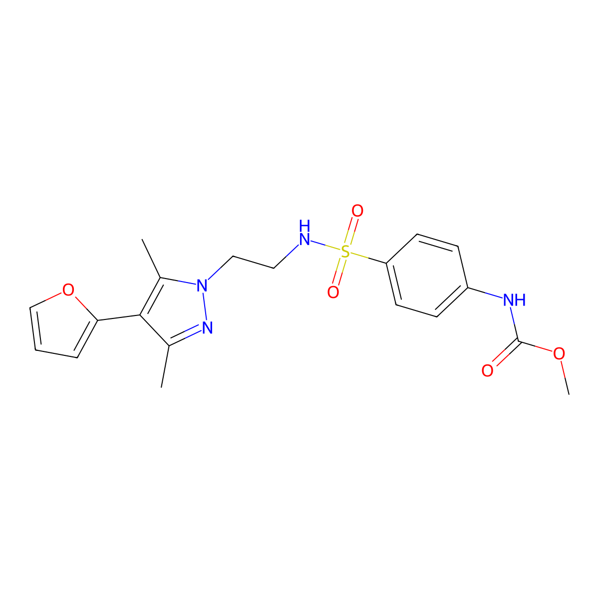 methyl (4-(N-(2-(4-(furan-2-yl)-3,5-dimethyl-1H-pyrazol-1-yl)ethyl)sulfamoyl)phenyl)carbamate molecular structure, CAS 2034418-16-9