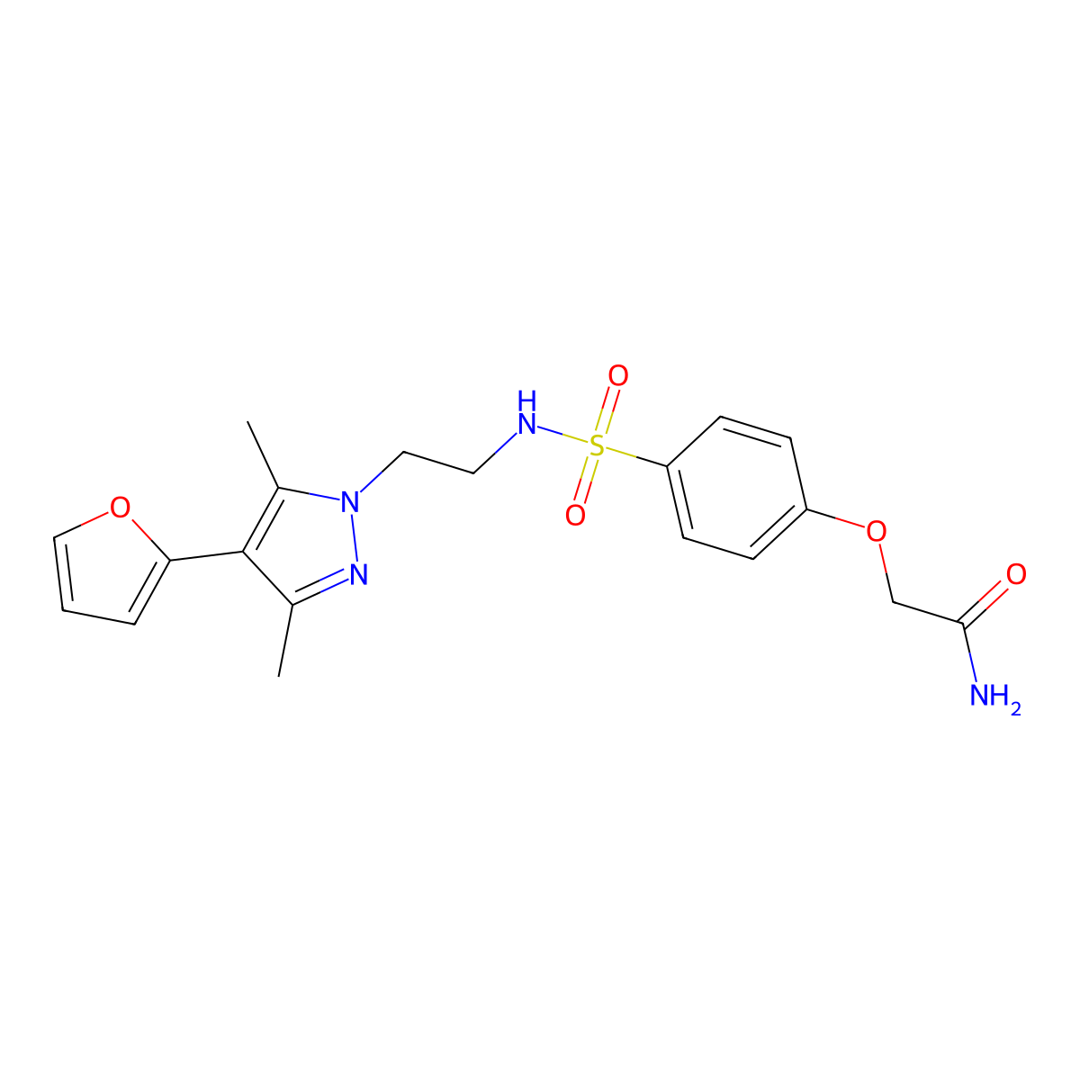 2-(4-(N-(2-(4-(furan-2-yl)-3,5-dimethyl-1H-pyrazol-1-yl)ethyl)sulfamoyl)phenoxy)acetamide molecular structure, CAS 2034418-19-2