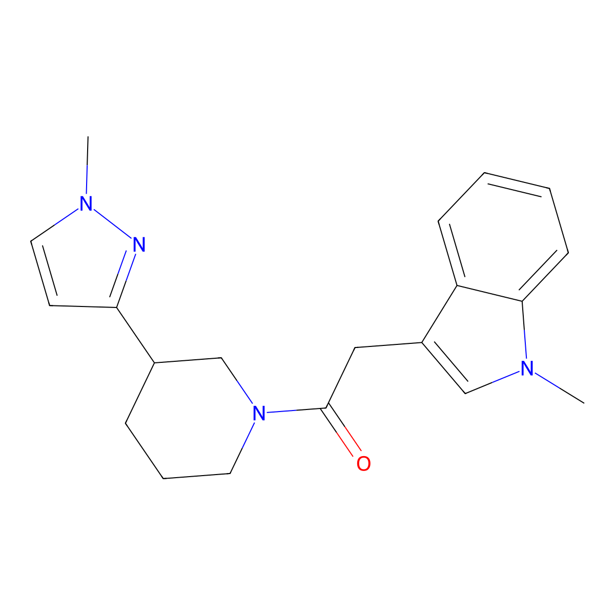 2-(1-methyl-1H-indol-3-yl)-1-(3-(1-methyl-1H-pyrazol-3-yl)piperidin-1-yl)ethanone molecular structure, CAS 2034418-20-5