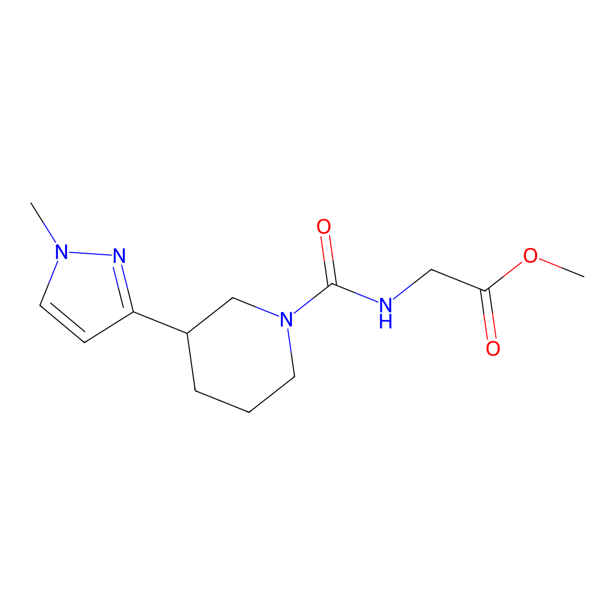 methyl 2-(3-(1-methyl-1H-pyrazol-3-yl)piperidine-1-carboxamido)acetate molecular structure, CAS 2034418-27-2